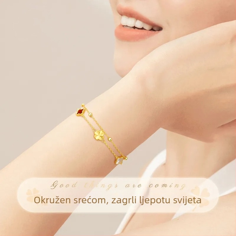 Dvostruka narukvica od srebra S925 sa srce i četverolisnom detelom, ahatom i cvijetom bijele školjke, elegantan luksuzni stil, unisex