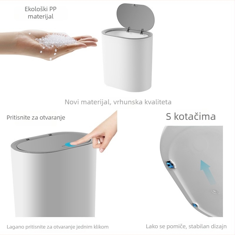 7 L plastični kanta za otpadke s tlačnim poklopcem koji se otvara pritiskom, za kupaonu, WC, dnevni boravak i ured
