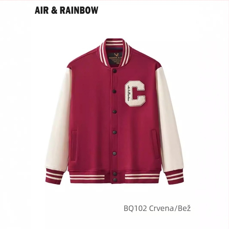 Air & Rainbow baseball jakna u korejskom stilu s izvezenim slovima, uski kroj, skriveni gumbi, pamučna terry, jesen 2024