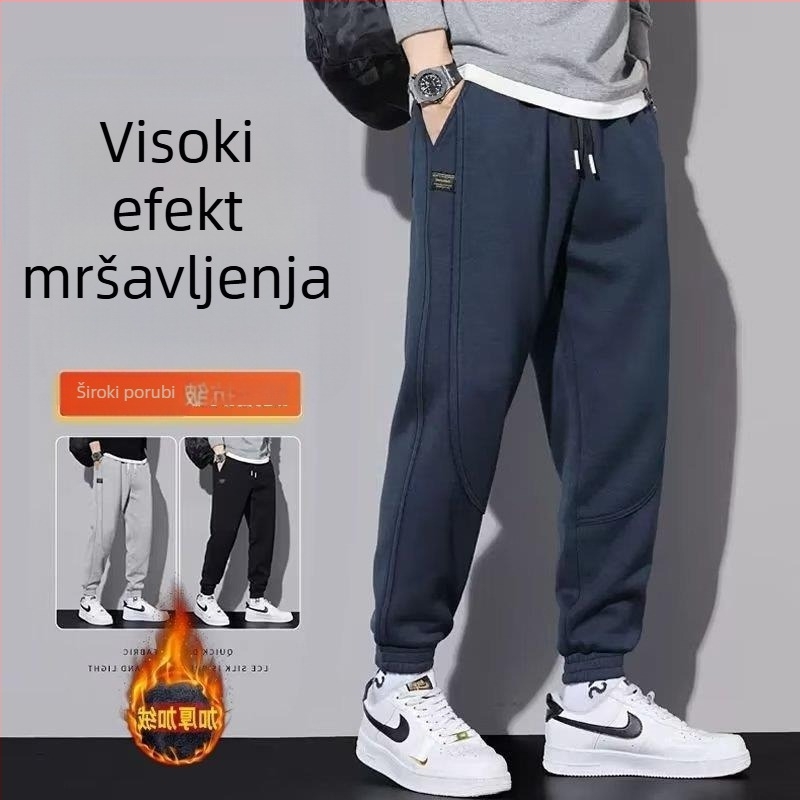 Muške sportske hlače s flis podstavom, poliester, opuštena krojenje, manžetama pri gležnjevima, jesen-zima, casual nošenje