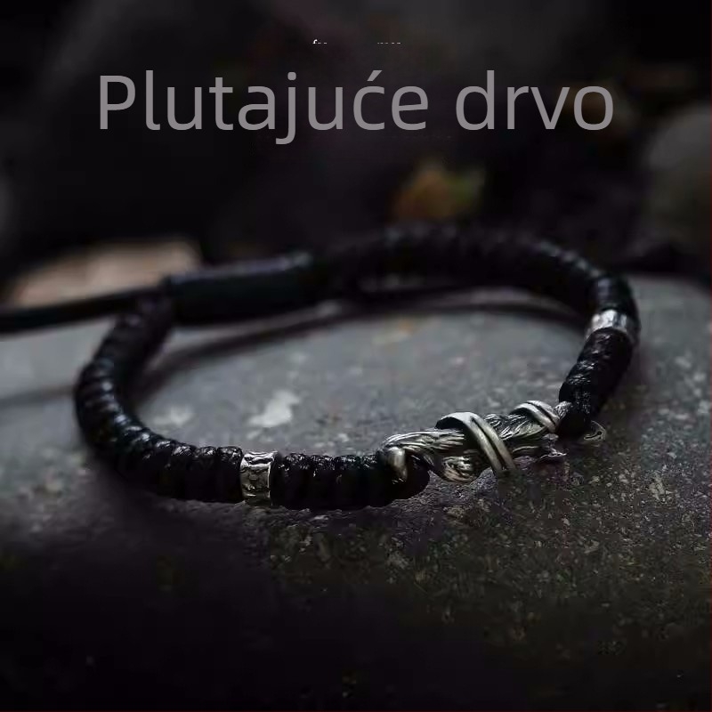 Xinqi Jewelry driftwood narukvica za muškarce - tamni stil, minimalistički, pleteni konopac, vintage istrošeno Thai silver nakit