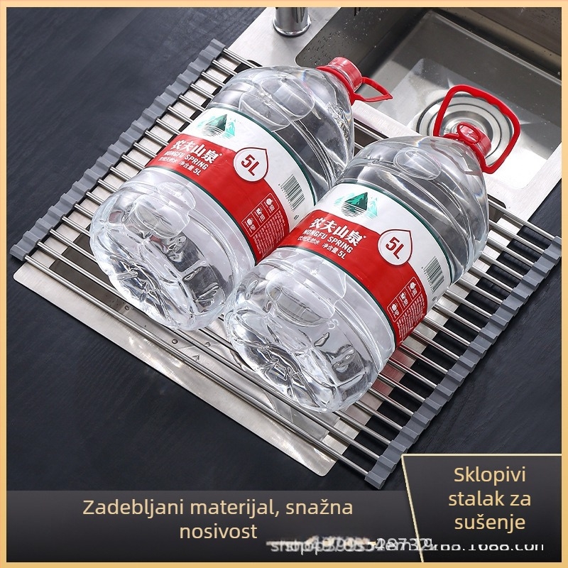 Nehrđajući čelični roll-up stalak za odvod suđa u kuhinji, sklopivi, silikon podloška za sušenje protiv plijesni