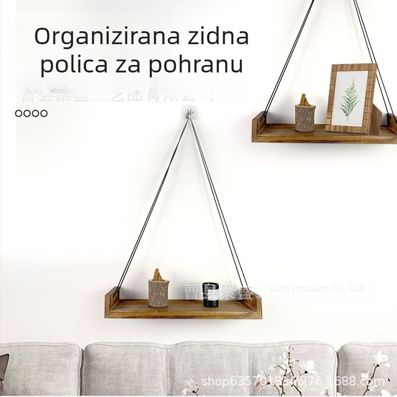 Drveni zidni stalak s konopnim užetom za biljke i sukulente, dekorativna podrška za cvijeće i male figurice
