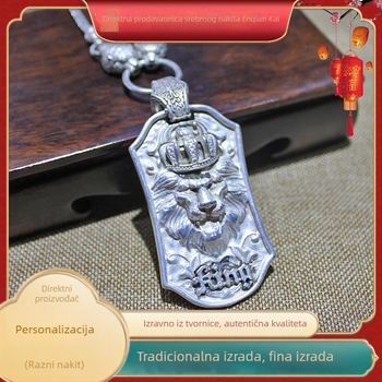 Srebrni privjesak za ogrlicu s glavom lava, zapadni zodijak motiv, ručna izrada, tradicionalno majstorstvo, muški lanac