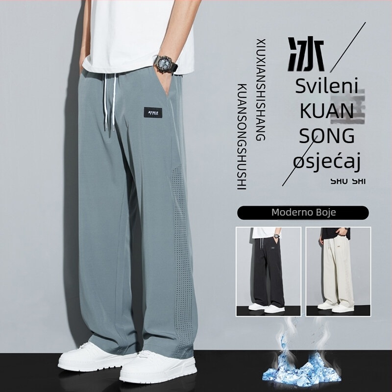 Muške ljetne hlače od ice-silk, lagane, elegantan pad, široke ravne hlače, casual