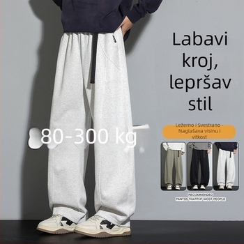 Muške pletene sportske hlače s fleece podstavom, ravni kroj, opušten silueta, hongkonški stil, plus veličina, zima 2025