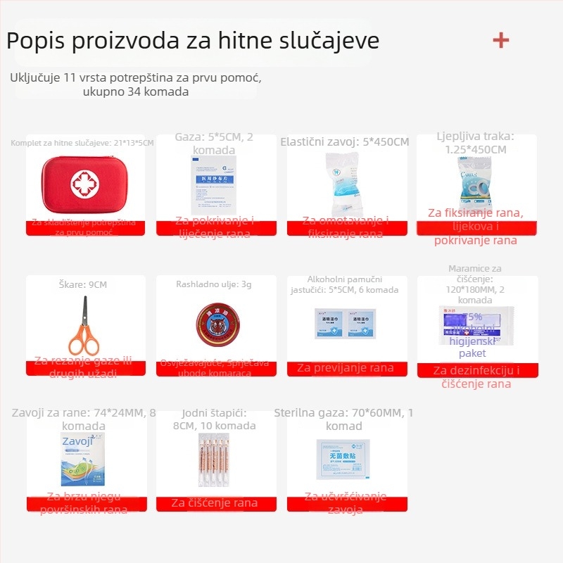 Kanazawa obiteljski set prve pomoći za aktivnosti na otvorenom, EVA tvrdi kućište, 34-dijelni komplet za hitne situacije, automobilni set