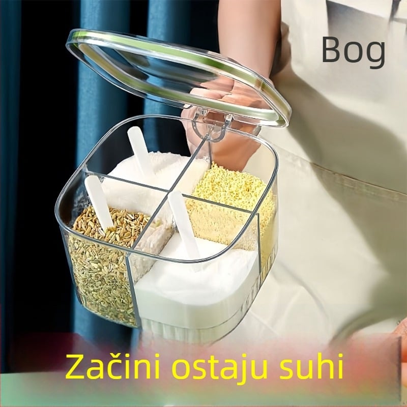 Akrilni set posuda za začine s poklopcem, četiri odjeljka, hermetički zatvoren