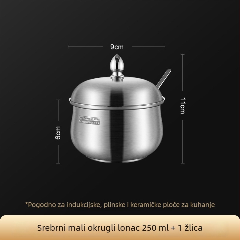 Kuhinjska posuda od nehrđajućeg čelika 304 sa žličicom i poklopcem – zatvoreni spremnik za sol i začine, za ulje čili i svinjski loj, moderan dizajn