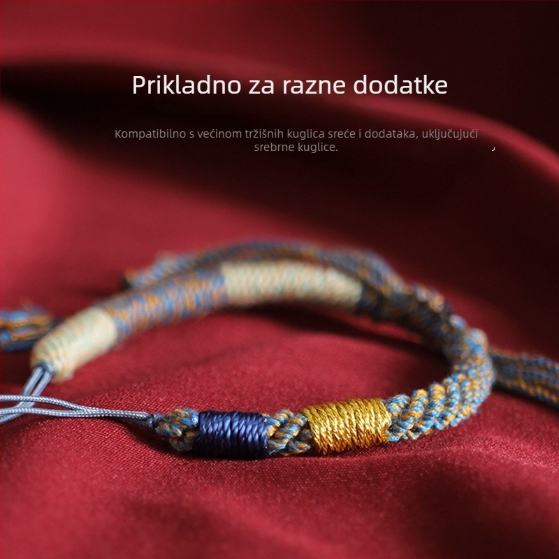 Ručni pleteni narukvica od pamuka, tamnoplave boje, s perlicama i zlatnim i srebrnim detaljima