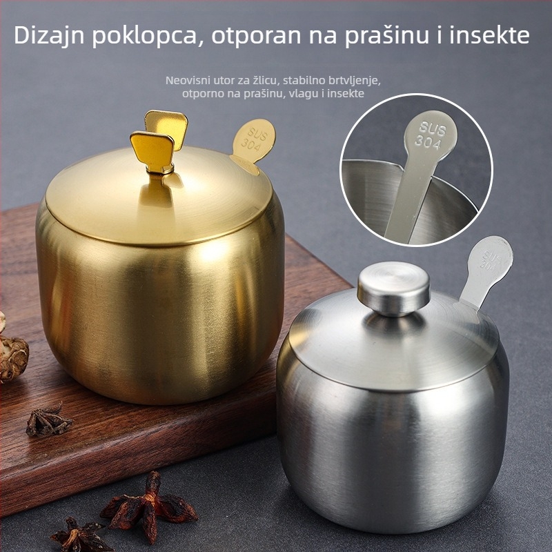 Korejski stil set posuda za začine od 304 nehrđajućeg čelika sa žlicom, posudice za sol i sojin umak, zlatna kutija za začine