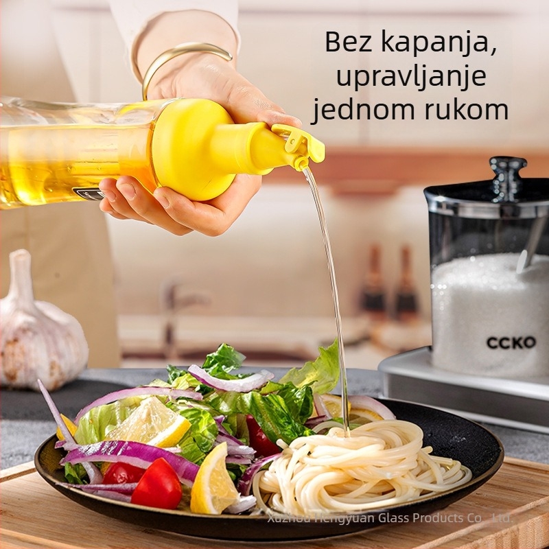 Bočica za ulje s pritisknim poklopom, okrugla staklena posuda za kuhinju, velika kapacitet, otporna na curenje, bez kapanja, prozirna staklena boca za začine, debela