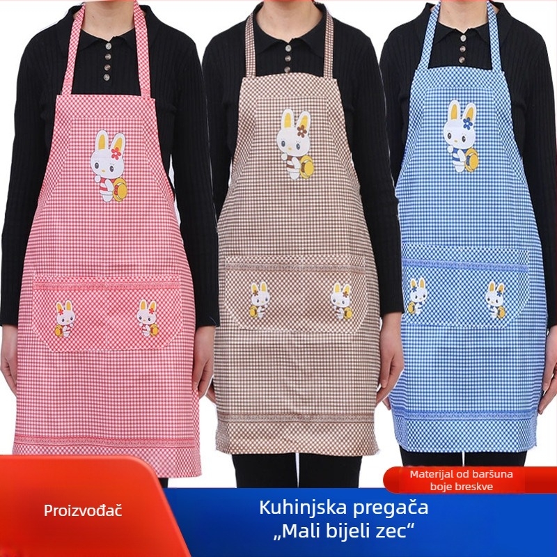 Karikatura pregača s malim bijelim zekom, vezica za vrat, otisak logotipa, baršunasti materijal u boji breskve, kuhinja i catering, jedna veličina