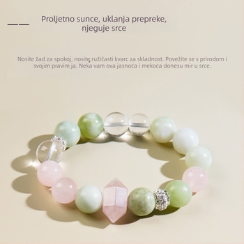 Prirodni zeleni nefritni narukvica s bijelim kristalnim perlama i ružičastim kvarcom, dvostruko vrh kristala