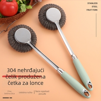 Četka za posuđe od 304 nehrđajućeg čelika s dugim držačem – kuhinjska četka za čišćenje s metalnom kuglicom od žice