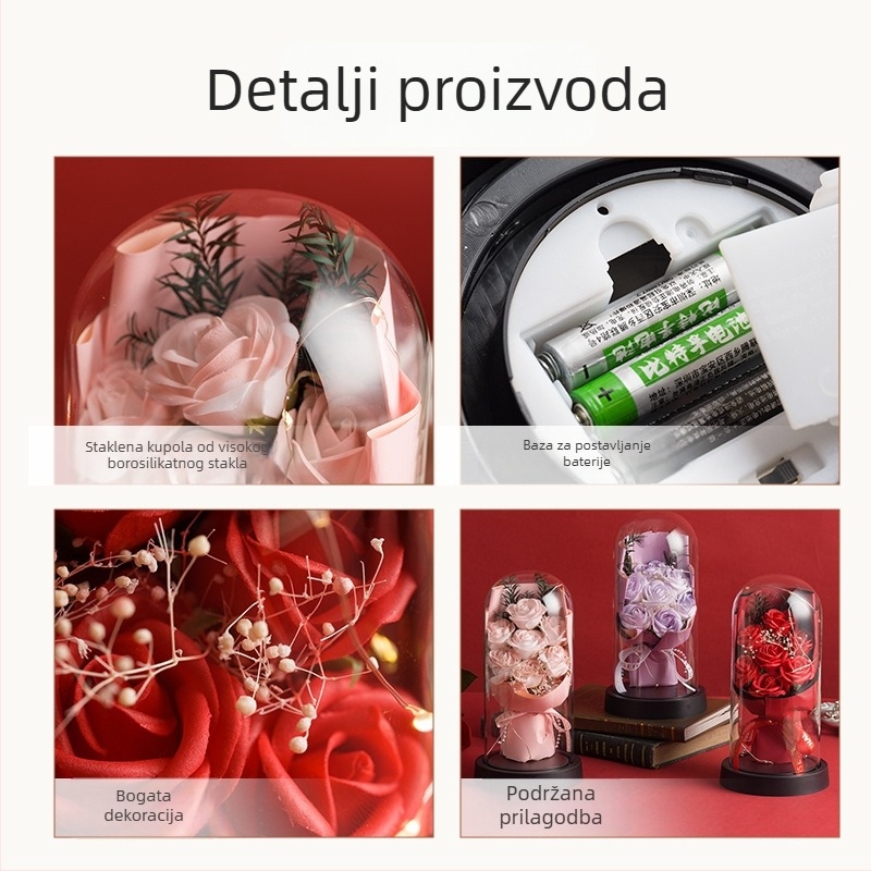 Sapunasto cvijeće s očuvanom ružom u staklenu kupolu s osvjetljenjem, ukrasni poklon za Majčin dan i Dan zaljubljenih