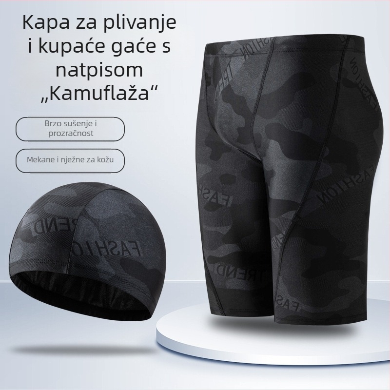 Crne maskirne muške kupaće hlačice s kapom s natpisima