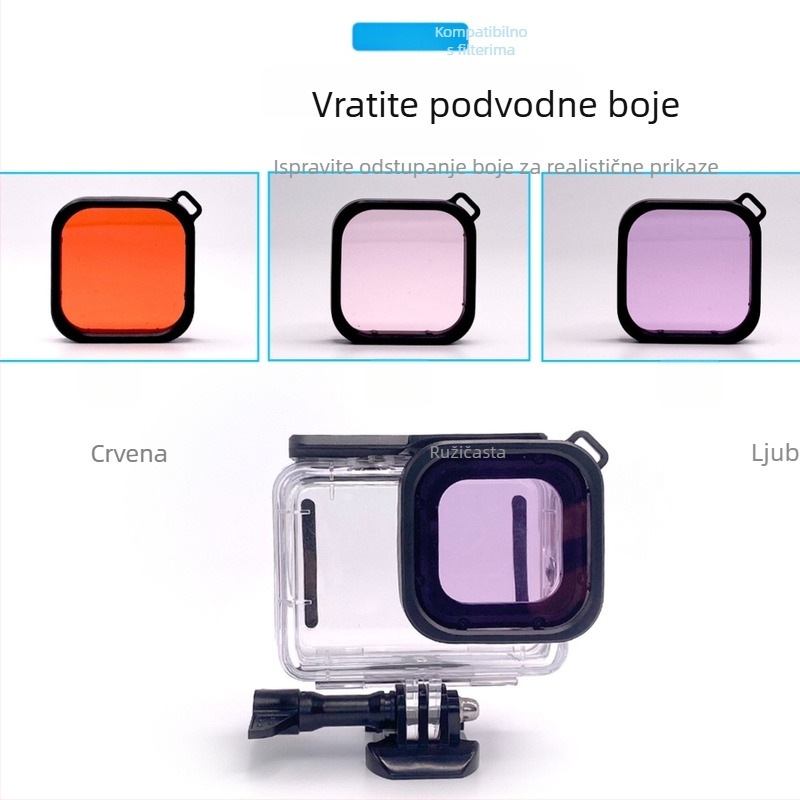 GoPro 9–12 vodootporna kućišta s kompletnim setom filtera: crvena, ružičasta i ljubičasta