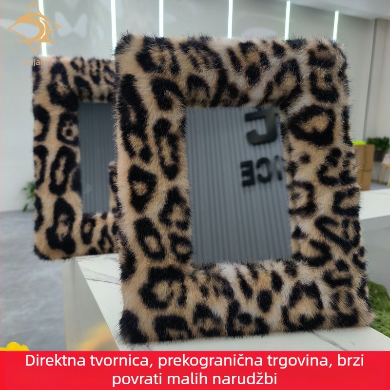 Stolno ogledalo za šminkanje, jednostrano, leopard uzorak, s plišanim velurom na MDF ploči, drveni okvir