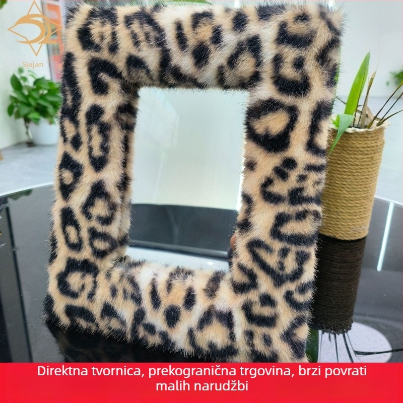 Stolno ogledalo za šminkanje, jednostrano, leopard uzorak, s plišanim velurom na MDF ploči, drveni okvir