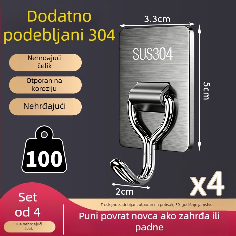 Ljepljivi držač bez bušenja – od nehrđajućeg čelika 304, debeli, nosnost 1–3 kg, za kuhinju i kupaonicu
