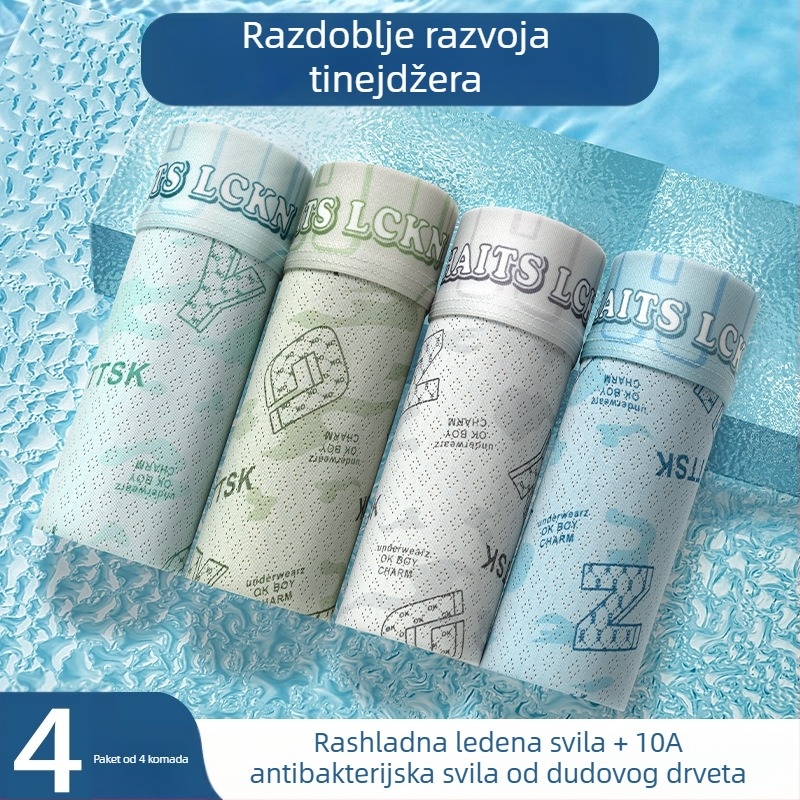 4 komada Ice Silk bokserice za mladiće, srednji pojas, prozračne, antibakterijske, s tiskom slova i brojeva