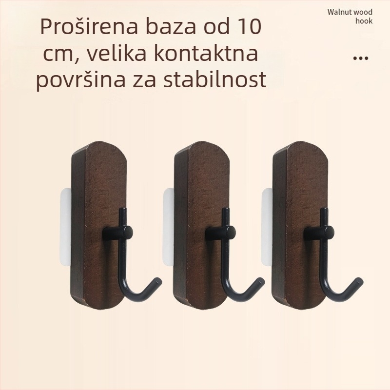Drvena samoljepljiva kuka od bukova drveta, u boji crnog oraha, bez bušenja, za ključeve, ručnike i odjeću.