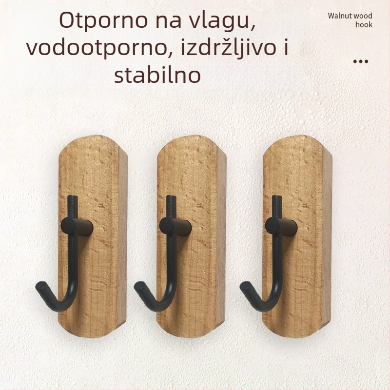 Drvena samoljepljiva kuka od bukova drveta, u boji crnog oraha, bez bušenja, za ključeve, ručnike i odjeću.
