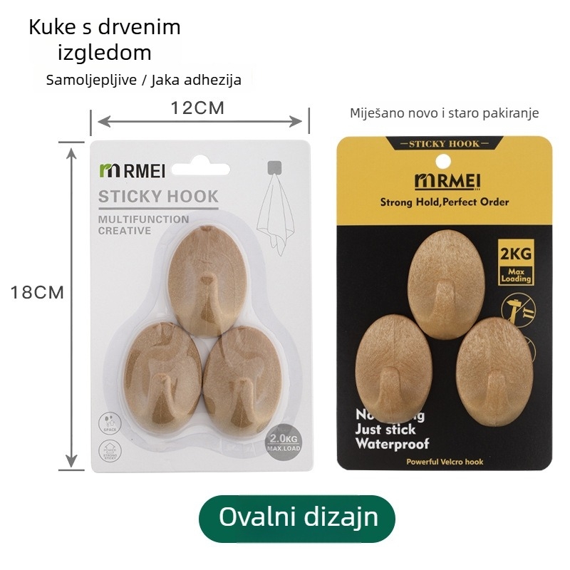Kuka za zid s imitacijom drveta, nordijskog stila, ovalno-pravokutnog oblika, jednočlanska, samoljepljiva kuka, bez bušenja, za kuhinju, kupaonicu, dnevni boravak i spavaću sobu