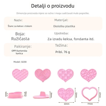 Set keksa u obliku srca s kalupom, otiskom i držačem, od plastike za hranu