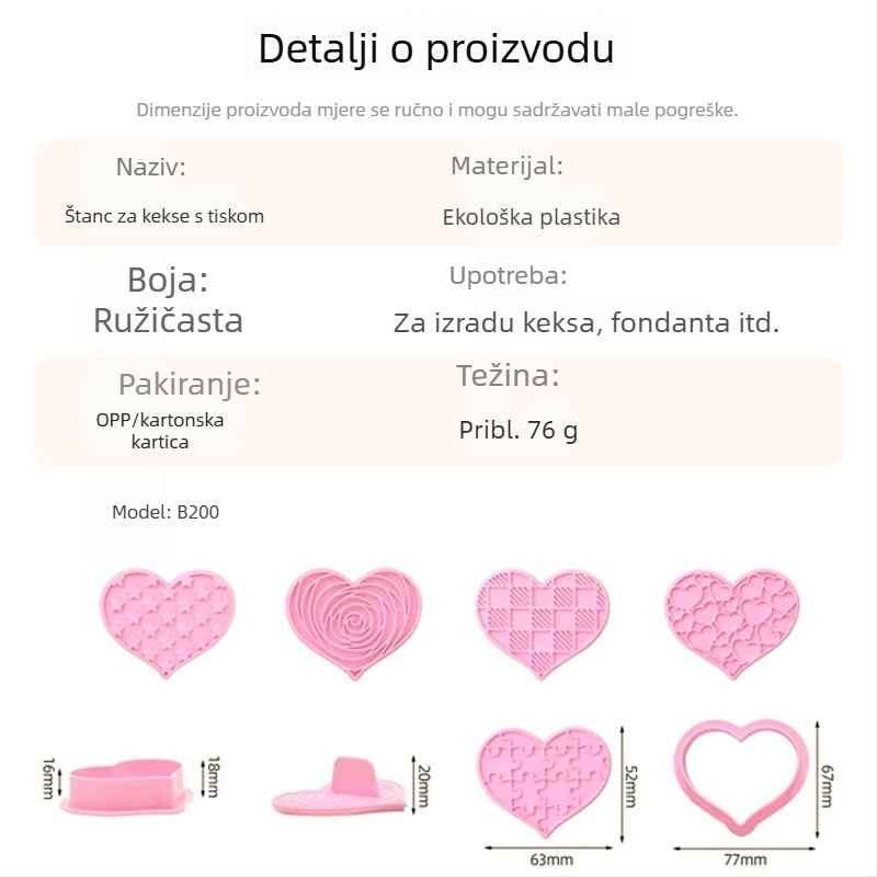 Set keksa u obliku srca s kalupom, otiskom i držačem, od plastike za hranu