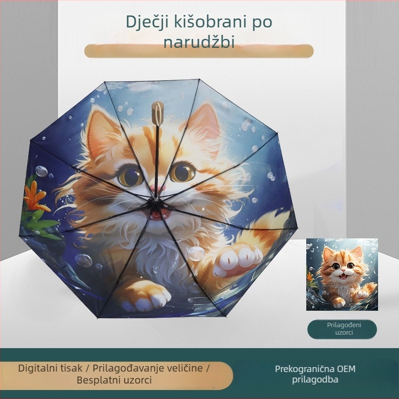 Dječji trostruko sklopivi poluautomatski kišobran s UV zaštitom 50+ i crnim premazom