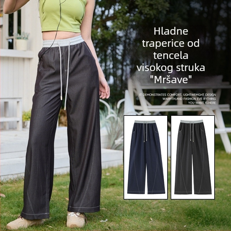 Ženske hlače od Tencel denima, visokim strukom i širokim nogavicama, model 2505