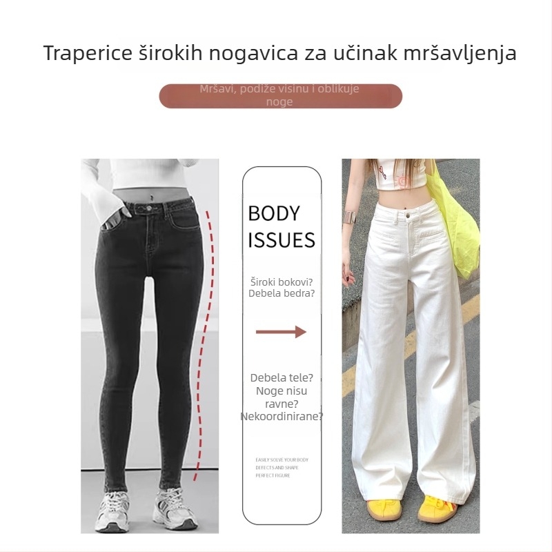 Bijele ženske traperice sa širokim nogavicama, 2025 novi model, visok struk, opuštenog kroja, ravne nogavice, dugačke.