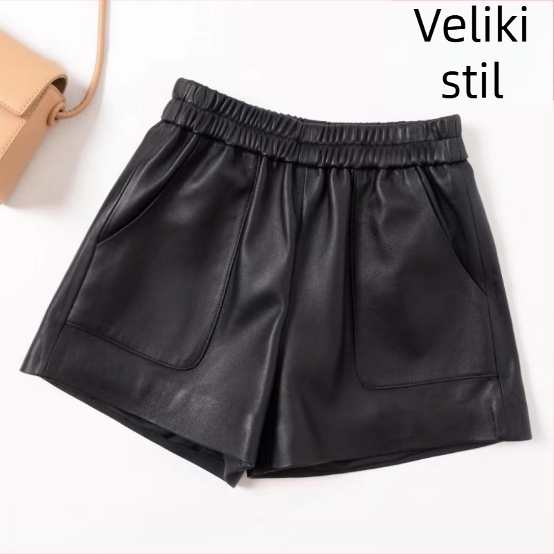 Ženske hlače od prave kože, visokim strukom, širokim krojem, dužina 3/4