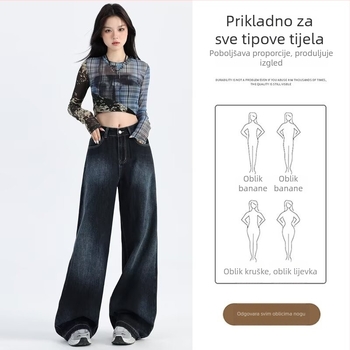 Američke retro široke traperice za žene, visokim strukom, opuštenog kroja, duljina do poda, ravni kroj, 2025 proljeće–jesen