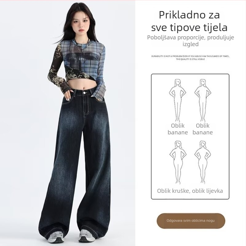 Američke retro široke traperice za žene, visokim strukom, opuštenog kroja, duljina do poda, ravni kroj, 2025 proljeće–jesen