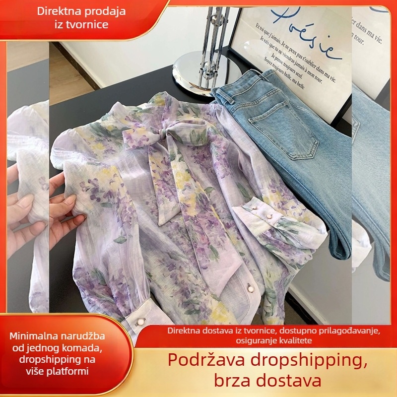 Vintage ljubičasta bluza s mašnicom – cvjetni uzorak, vintage stil, elegantna, casual, svestrana, plus size, dugi rukav, vizualno sužava siluetu