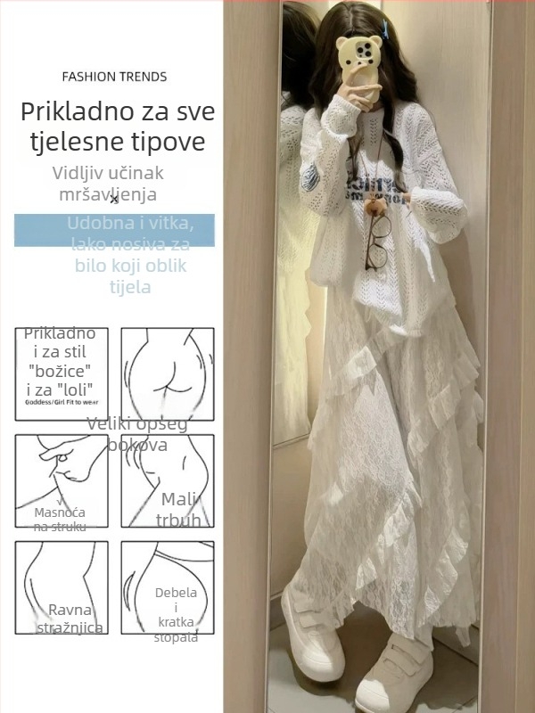 Bijela čipkasta asimetrična midi suknja, visokim pojasom, A-linija, srednja duljina, naduhvana