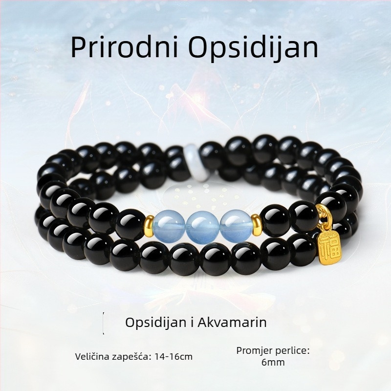 Prirodni obsidijan dvostruki krug narukvica s akvamarinom i Hetian jadeom, unisex, luksuzan dar