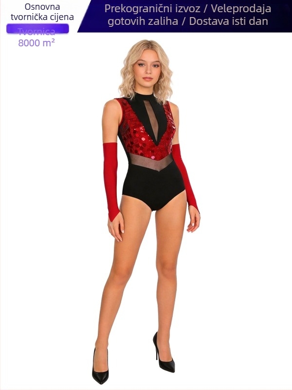 Ženski leotard za gimnastiku, jazz i latino ples – proziran mrežasti bodi s kristalima i rukavicama