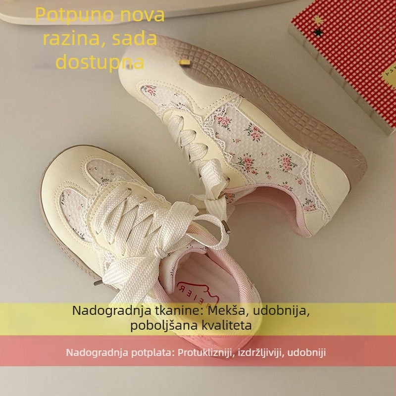 Ženske bijele tenisice s debelim potplatom, prozračne, s vezanjem, zaobljenim vrhom, korejski uzorak, jesen 2025