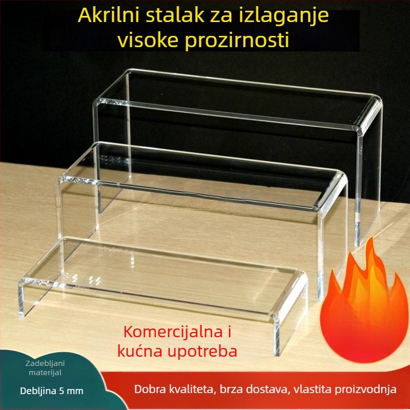Prozirni akrilni U-oblik izložbeni stalak za kolekcionarske figure i kozmetiku, s podignutim dizajnom i slojevitim pregradama