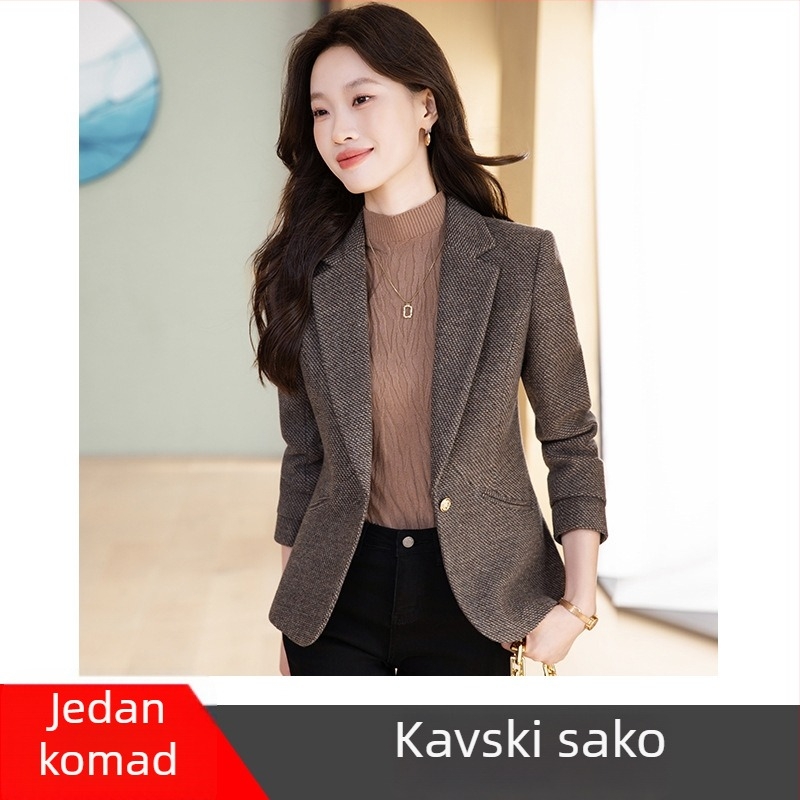 Žensko tweed sako za kostim, jesen-zima 2025, uska veličina, visoka kvaliteta, ležerni poslovni stil, siva boja