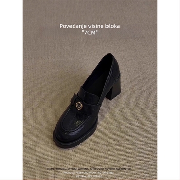 Ženske loaferice od mekane kože s camellijom, slip-on, debeli potplat, britanski stil, prava koža, visina peta 6–8 cm