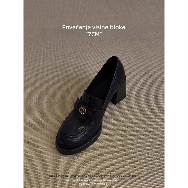 Ženske loaferice od mekane kože s camellijom, slip-on, debeli potplat, britanski stil, prava koža, visina peta 6–8 cm