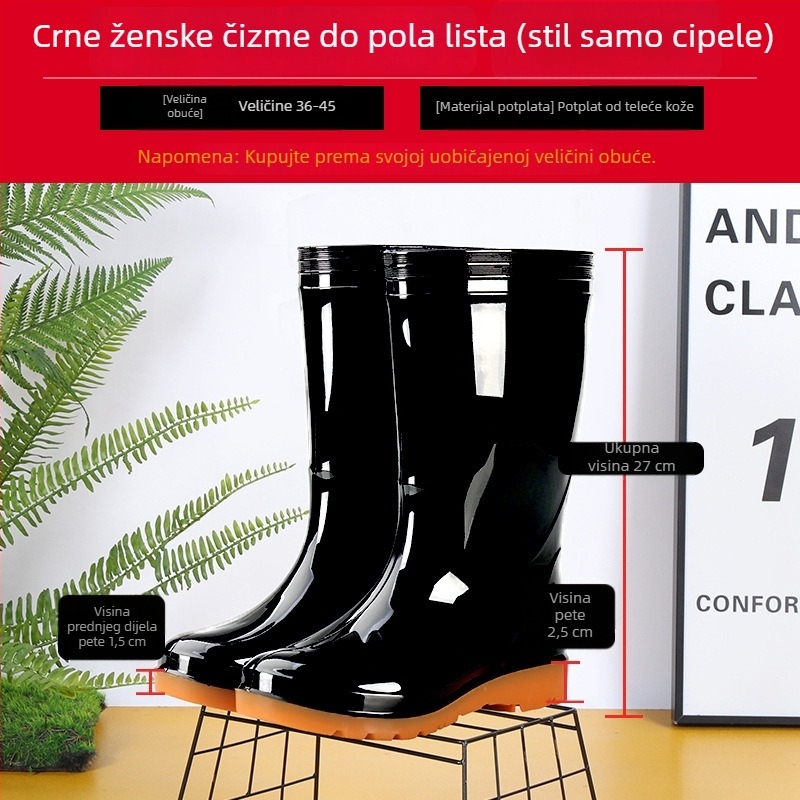 Crne ženske čizme za kišu srednje visine, vodootporne, debeli PVC, za rad na otvorenom