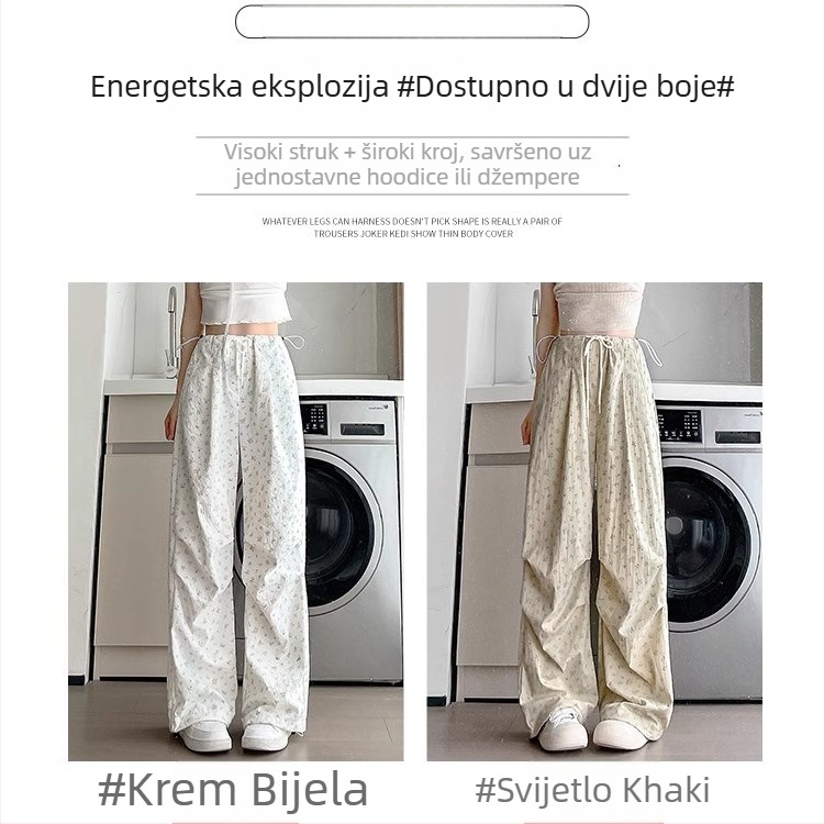 Ženske hlače s cvjetnim uzorkom u stilu radnih hlača, visokim strukom, širokim krojem, udobne za ljeto, retro američki stil