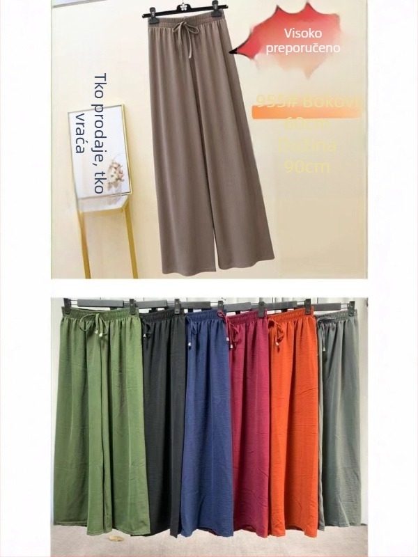 Ljetne hlače visokog struka, opuštenog kroja, plus veličina, jednobojne boje, elastični pojas, široke nogavice, culotte stil