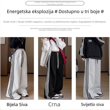 Ženske hlače za trčanje plus size, crne pruge, lagane za proleće i leto, visok pas, opušten kroj, široke nogavice, tri pruge